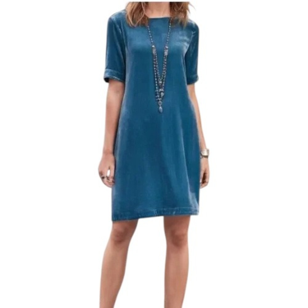 Sundance Velvet Shift Dress Silk Blend Blue Short Sleeve Women's Size Small‎